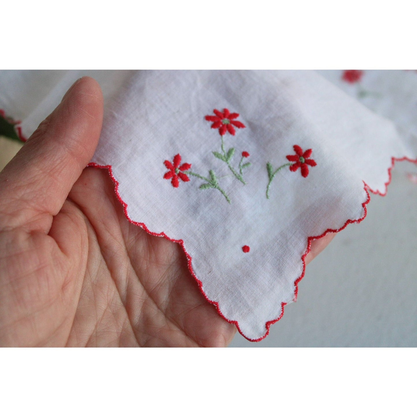 Vintage White Cotton Hankie with Red Flower Embroidery