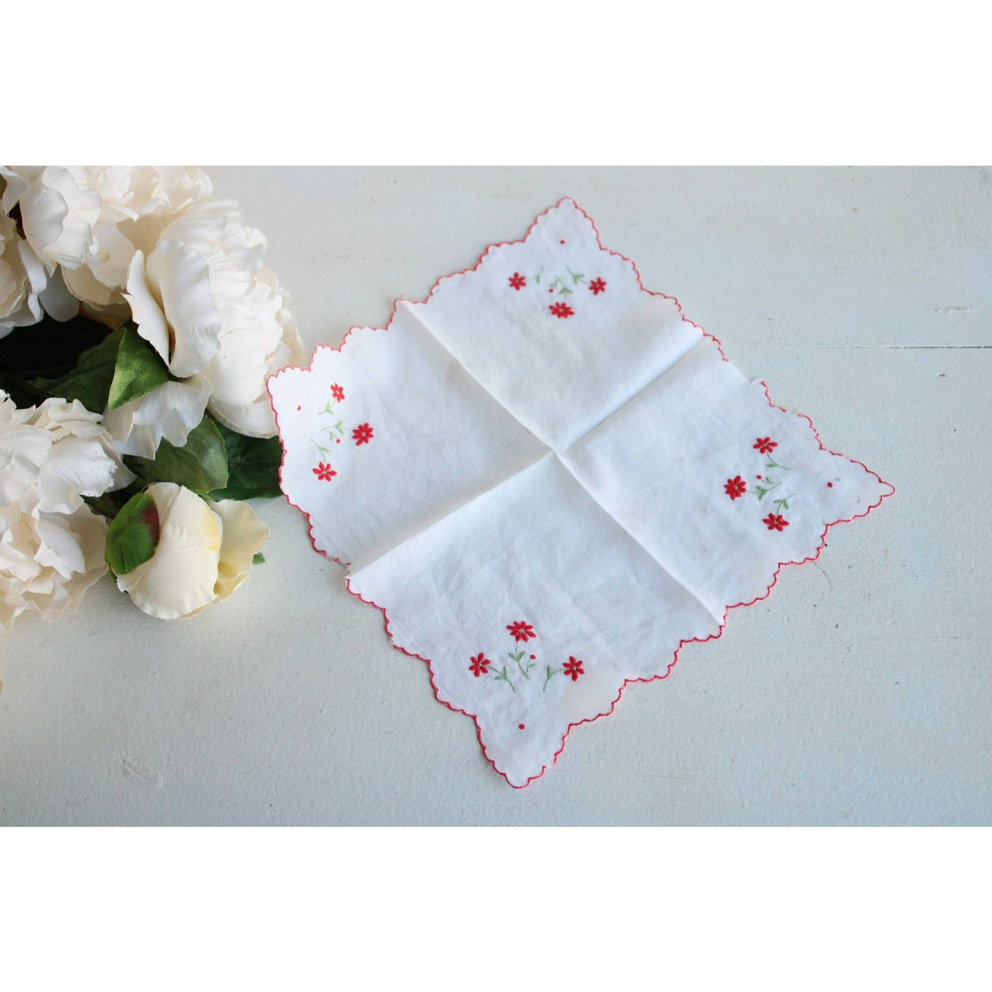 Vintage White Cotton Hankie with Red Flower Embroidery