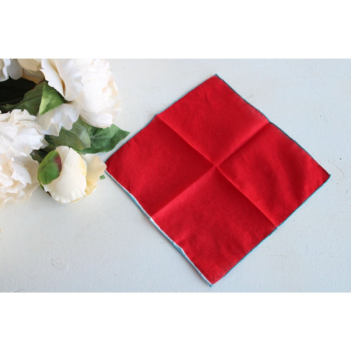 Vintage Red Handkerchief with Blue Edge